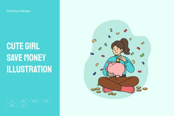 Cute Girl Save Money Illustration: A Playful Graphic for Merchandise and Digital Creations