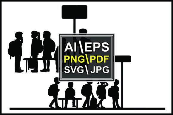 Silhouettes Children Waiting at Bus Stop: A Graphic Asset for Authentic Branding